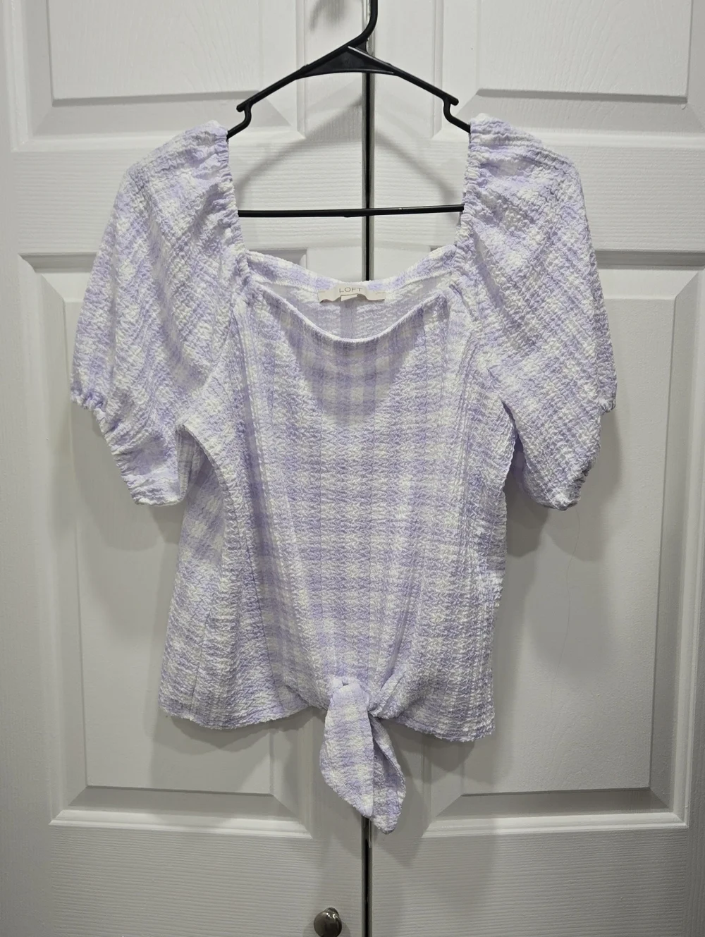 LOFT Lilac Check Puff Sleeve Tie Front Blouse - Med